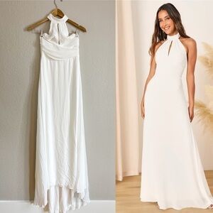 Elegant Glamour White Pleated Halter Cutout Maxi Dress!